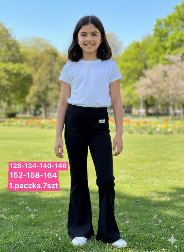 Spodnie dziewczęce Roz 128-164, 1 kolor Paczka 7 szt